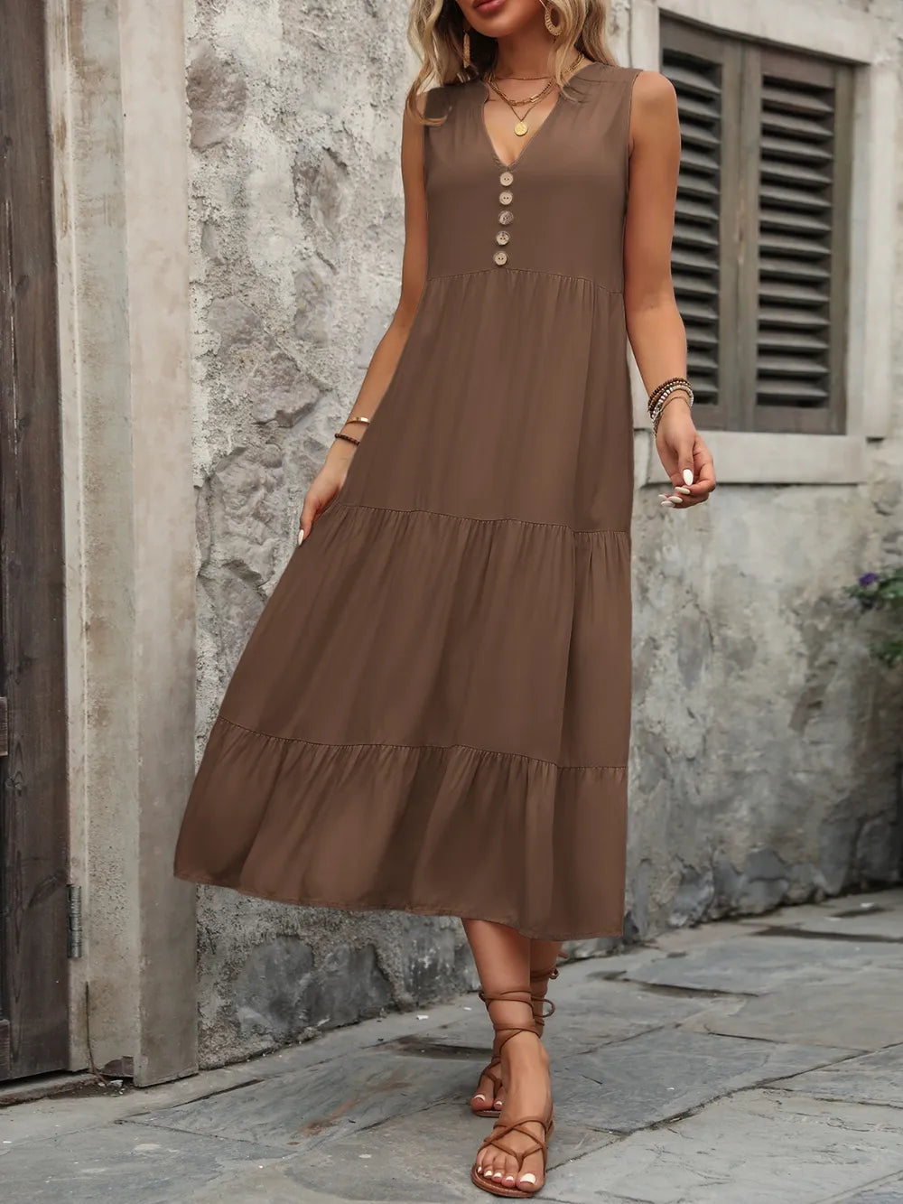Decorative Button Notched Sleeveless Dress (21)