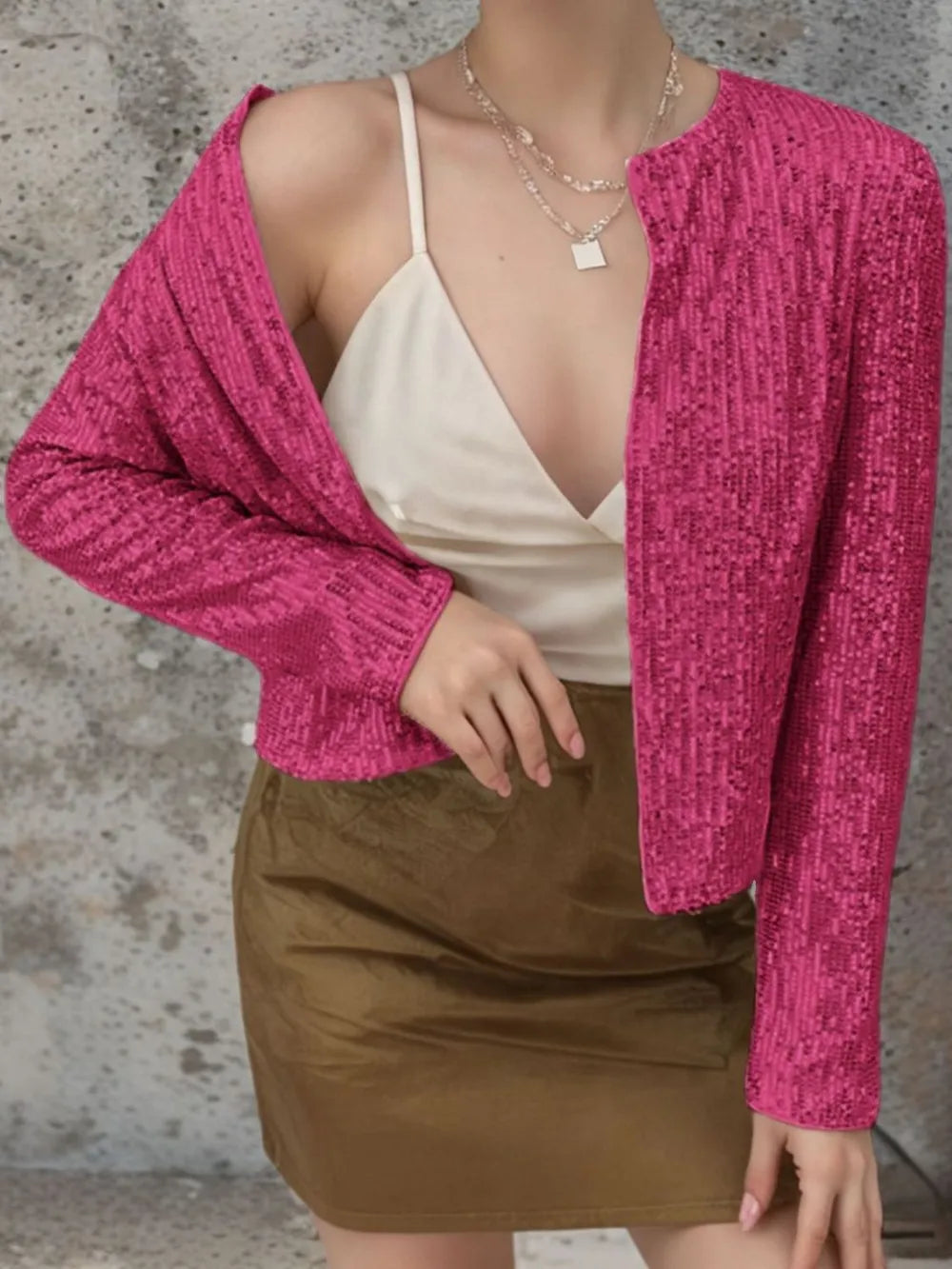 Full Size Sequin Open Front Cropped Jacket (11)