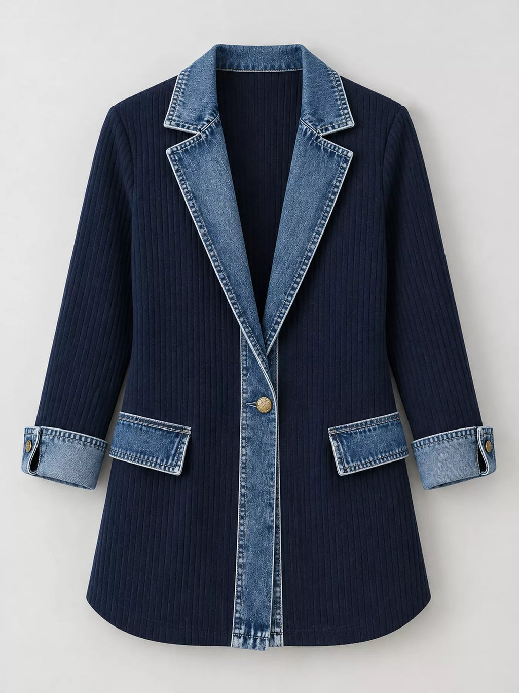 Full Size Denim Trim Ribbed Knit Cardigan Plus (30)