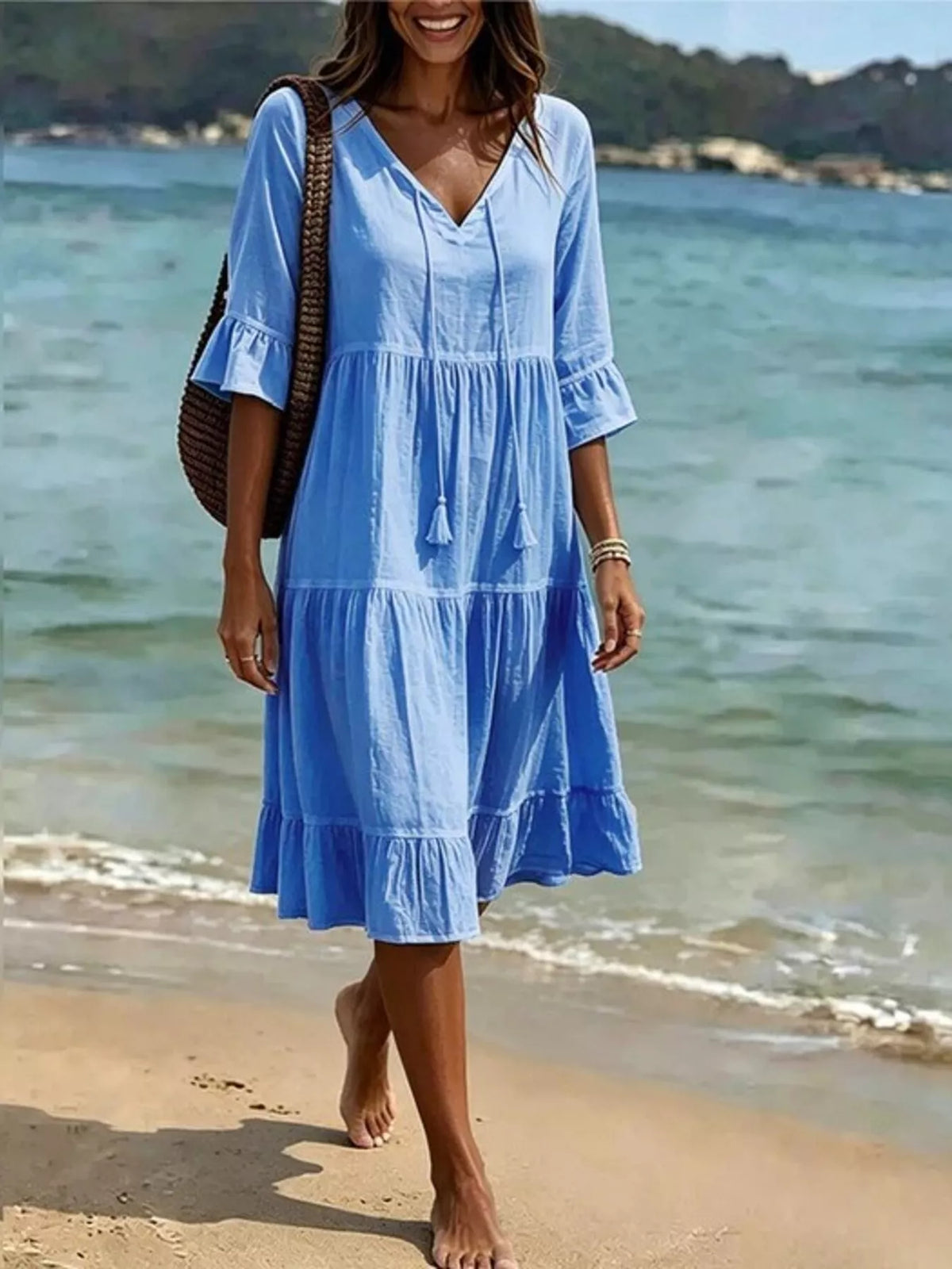 Full Size Tiered Tie Neck Flounce Sleeve Dress Plus (13)