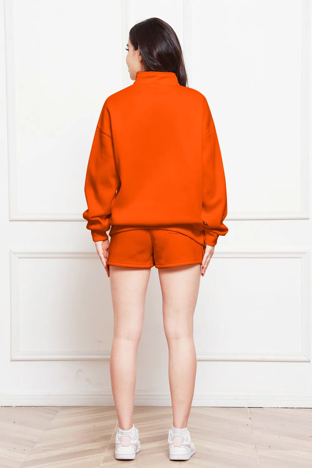Half Zip Long Sleeve Sweatshirt Drawstring Shorts Set (12)