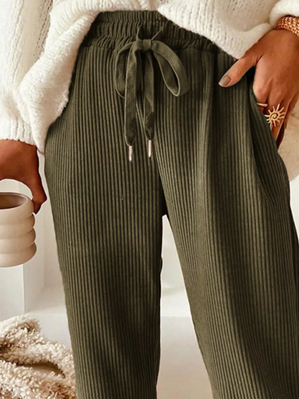 Casual Corduroy Drawstring Waist Pants (8)