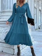 Ruffled Hem V-neck Balloon Sleeve Dress (14)