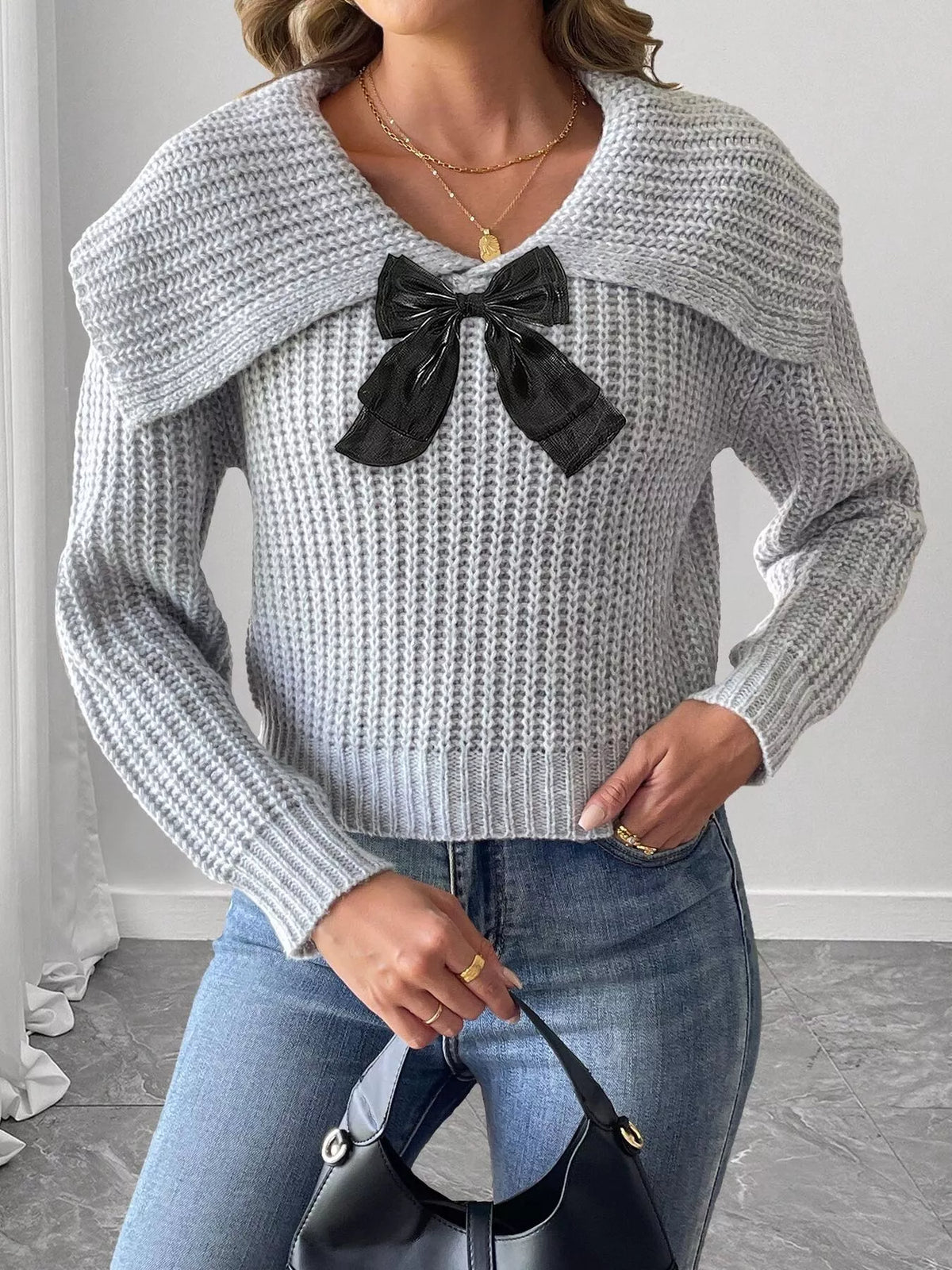 Contrast Bow Long Sleeve Sweater (10)