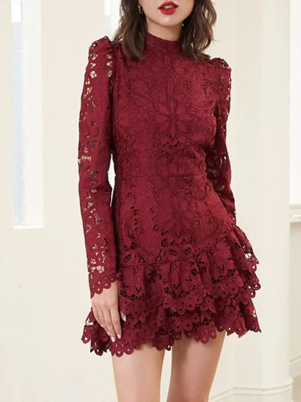 Lace Mock Neck Long Sleeve Mini Dress (2)