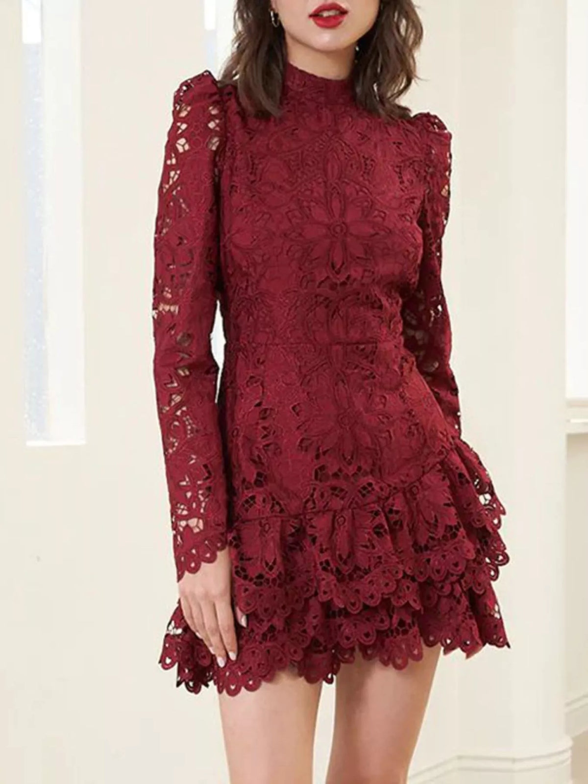Lace Mock Neck Long Sleeve Mini Dress (2)