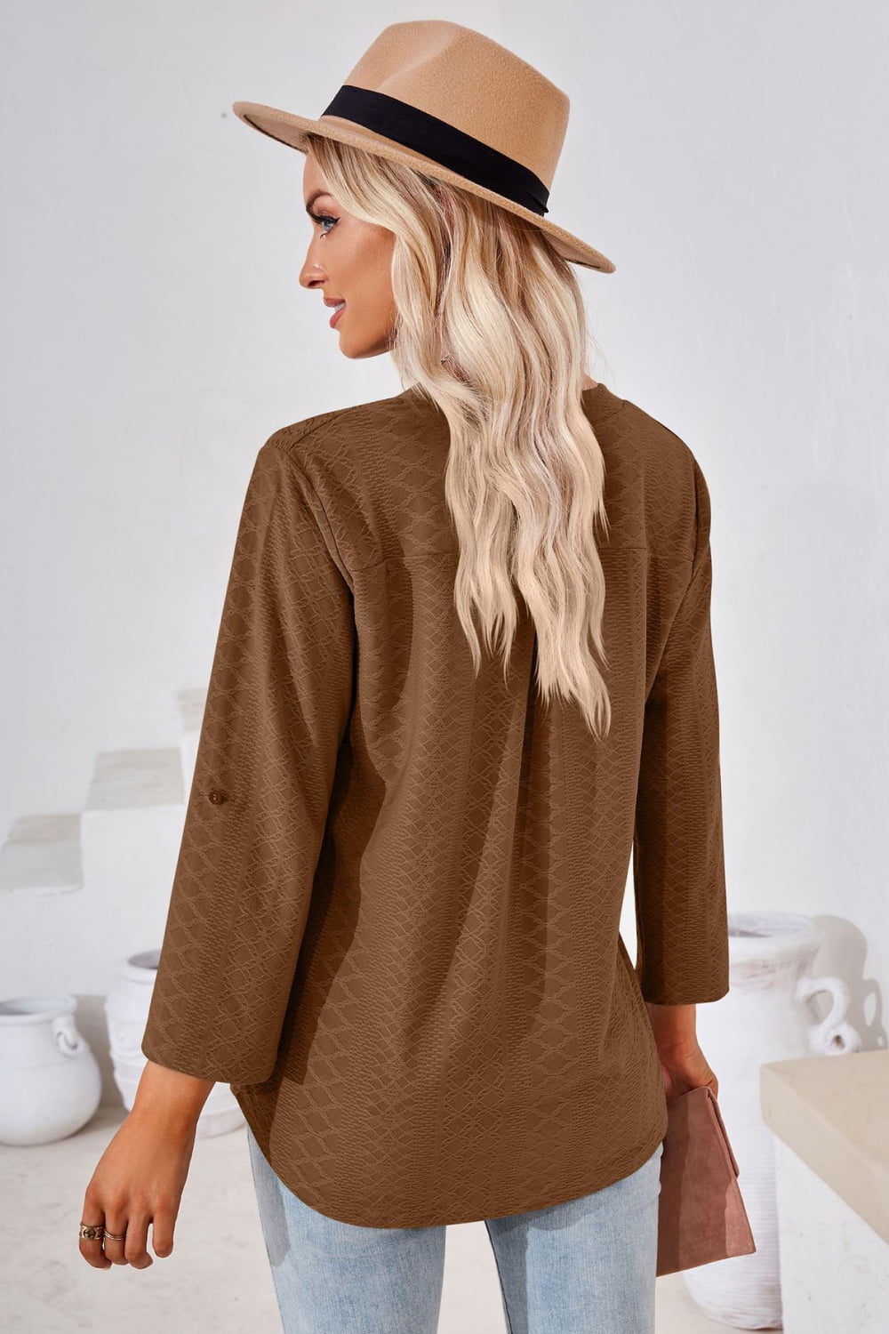 V-neck Roll-tap Sleeve Blouse (23)
