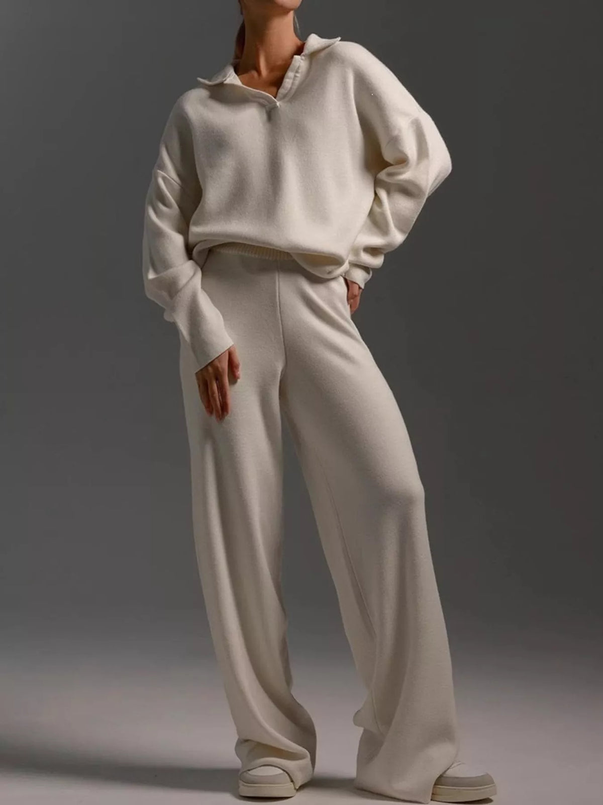 Polo Collar Top Wide-leg Pants Set