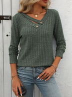 Ribbed V-neck Long Sleeve T-shirt (12)