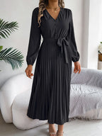 Pleated Tied V-neck Long Sleeve Dress (28)