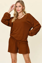 Full Size Texture V-neck Long Sleeve T-shirt Shorts Set (14)