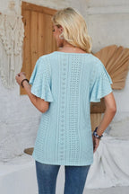 Eyelet Applique V-neck Cap Sleeve T-shirt (4)