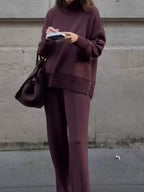 Turtleneck Side Zipper Sweatshirt Pants Set (2)