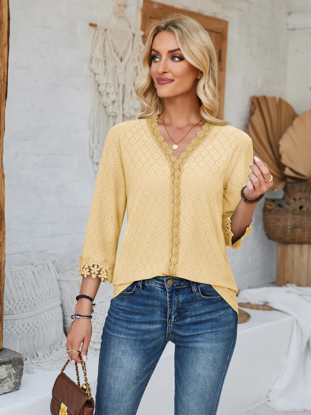 Lace Detail V-neck Three-quarter Sleeve Blouse (26)