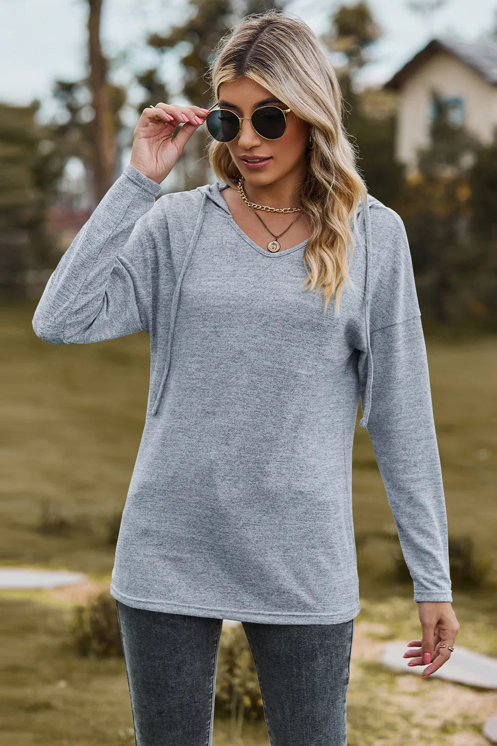 Drawstring Dropped Shoulder Hooded T-shirt (5)