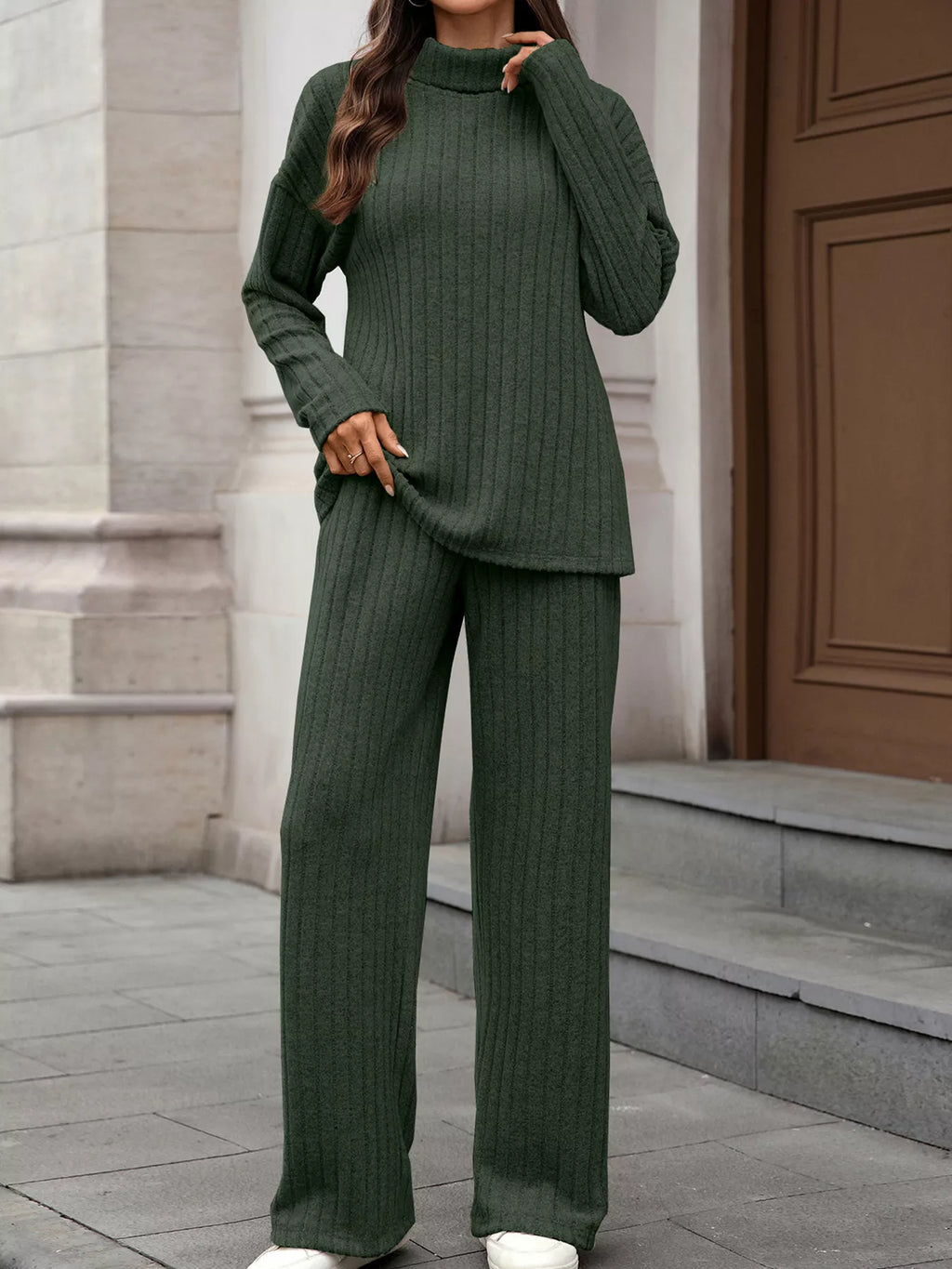 Ribbed Turtleneck Dropped Shoulder Top Pants Sweater Set (11)