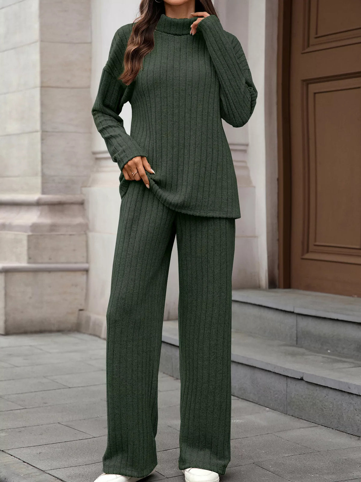 Ribbed Turtleneck Dropped Shoulder Top Pants Sweater Set (11)