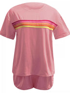 Rainbow Striped Round Neck Top Shorts Set (18)