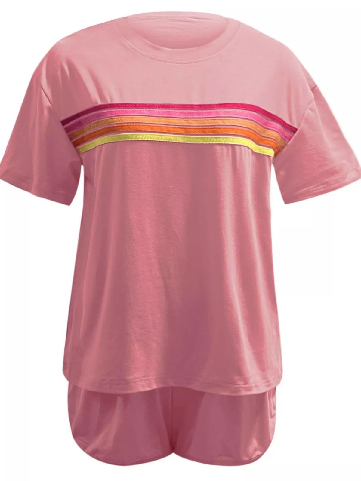 Rainbow Striped Round Neck Top Shorts Set (18)