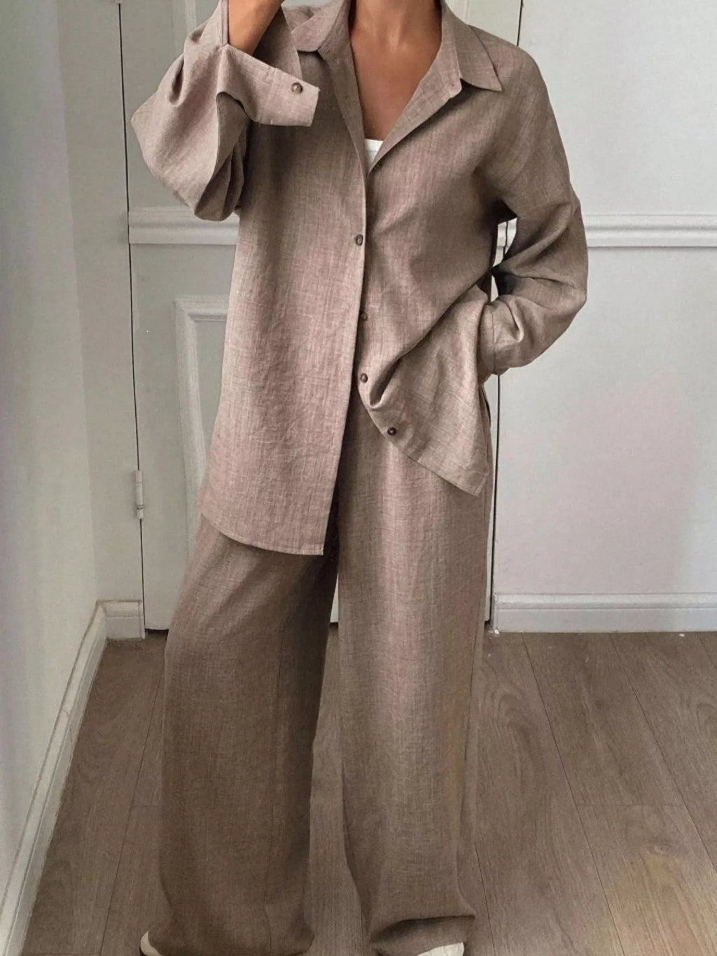 Button Up Long Sleeve Shirt Wide Leg Pants Set (13)