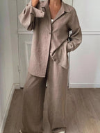Button Up Long Sleeve Shirt Wide Leg Pants Set (13)