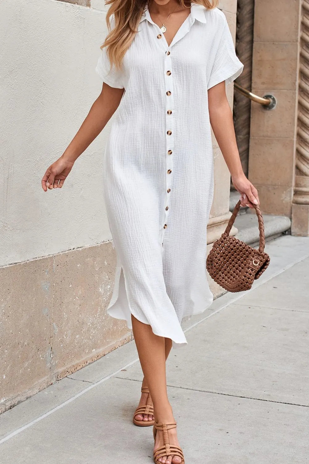 Button Down Short Sleeve Midi Shirt Dress (3)