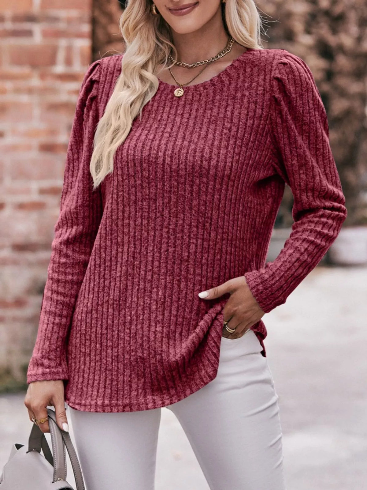 Ribbed Knit Puff Sleeve T-shirt (21)