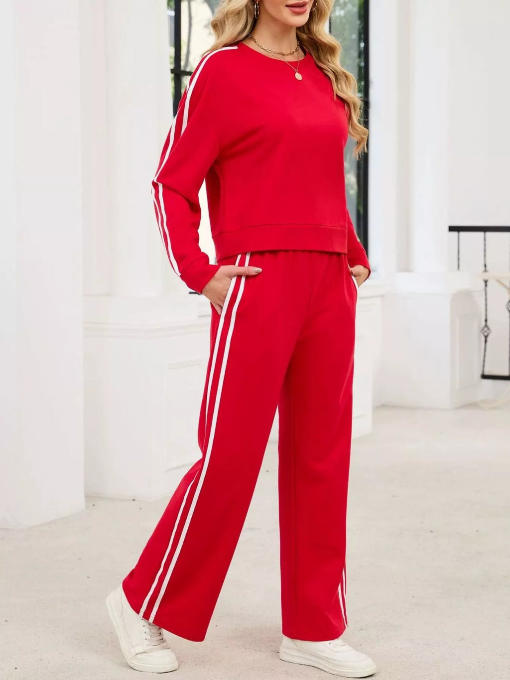 Striped Round Neck Sweatshirt Pants Set (14)