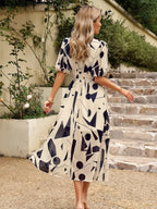 Smocked Printed V-neck Half Sleeve Midi Dress (10)