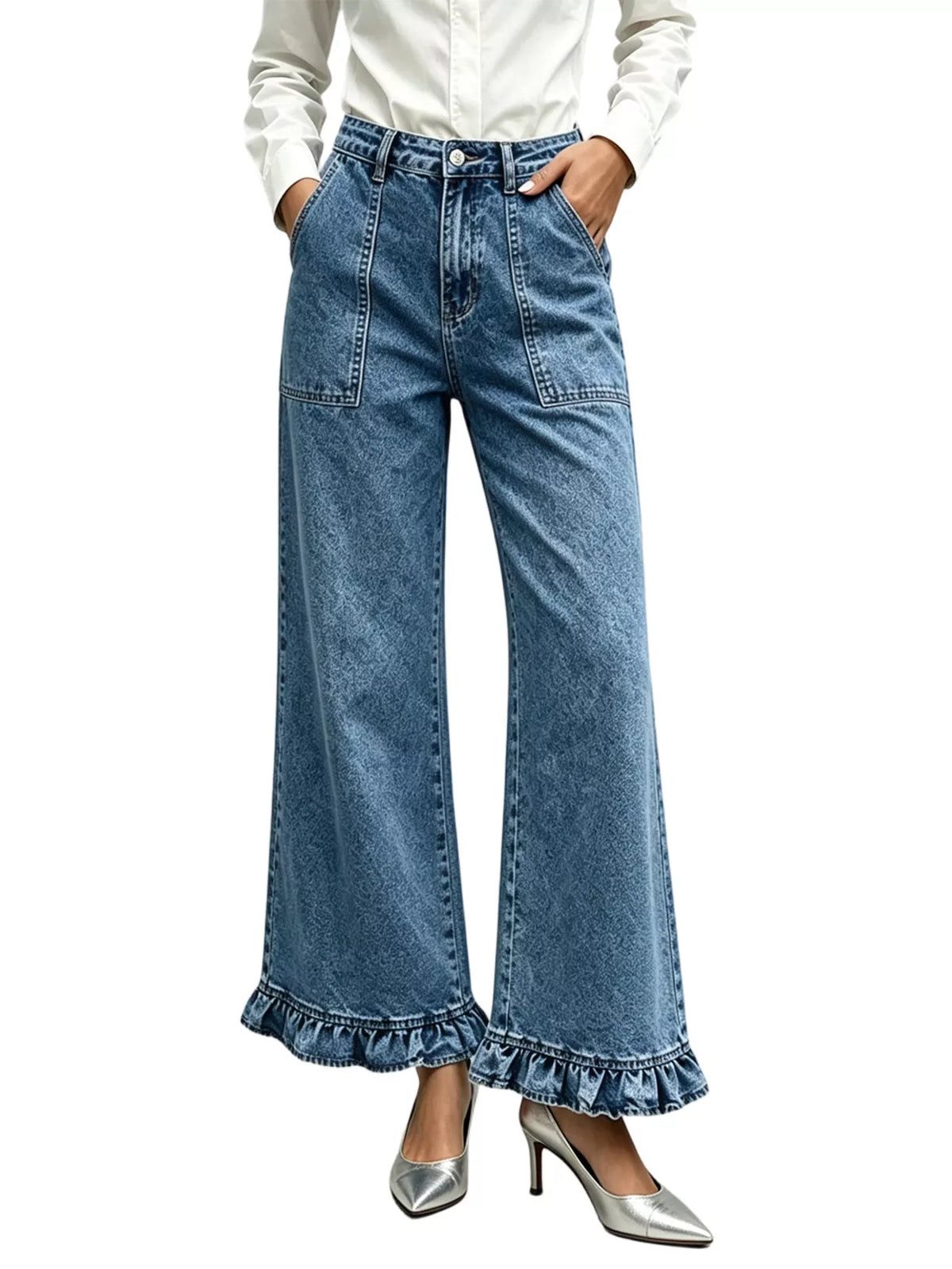 High-waisted Wide-leg Ruffle Hem Jeans (10)