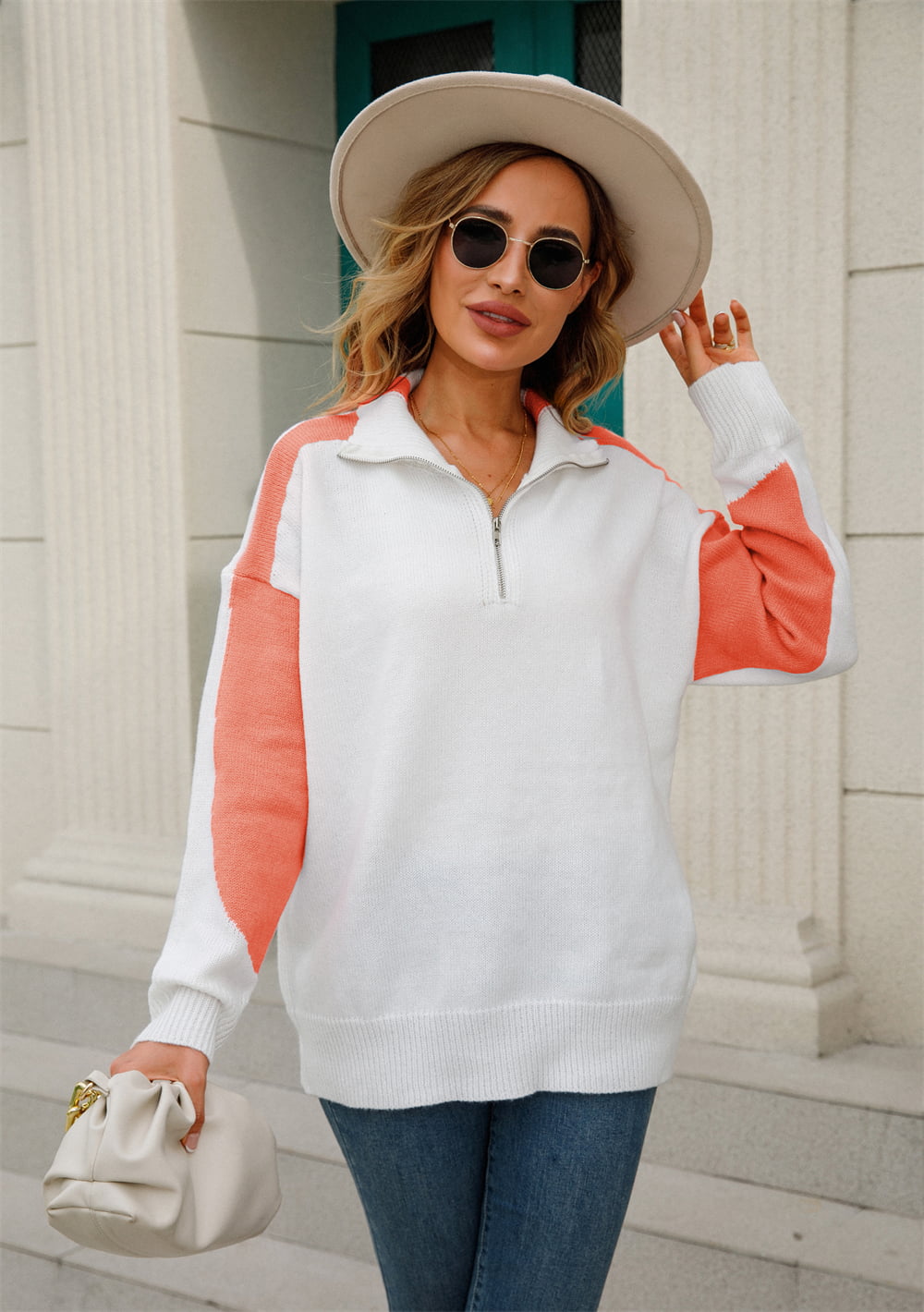 Two-tone Collared Neck Dropped Shoulder Knit Top (8)