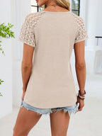 Lace Sleeve V-neck Waffle Knit T-shirt (11)