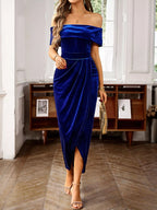 Velvet Off-shoulder Ruched Midi Dress (2)