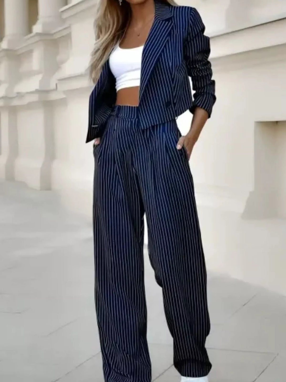 Striped Cropped Blazer Wide-leg Pants Two-piece Set (5)