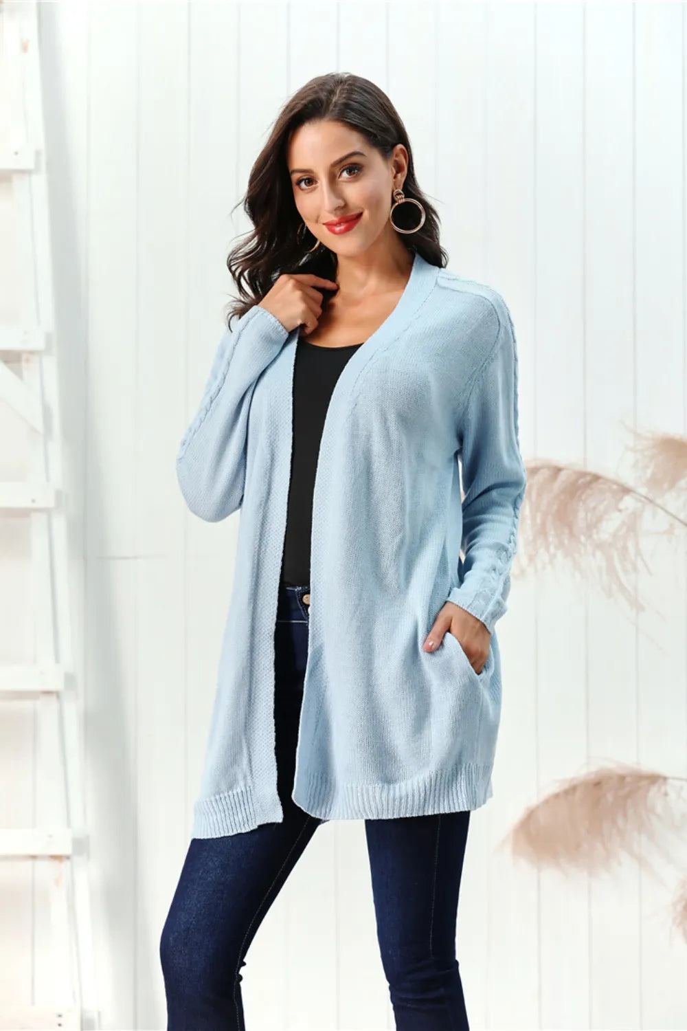 Cable-knit Open Front Long Sleeve Cardigan (20)