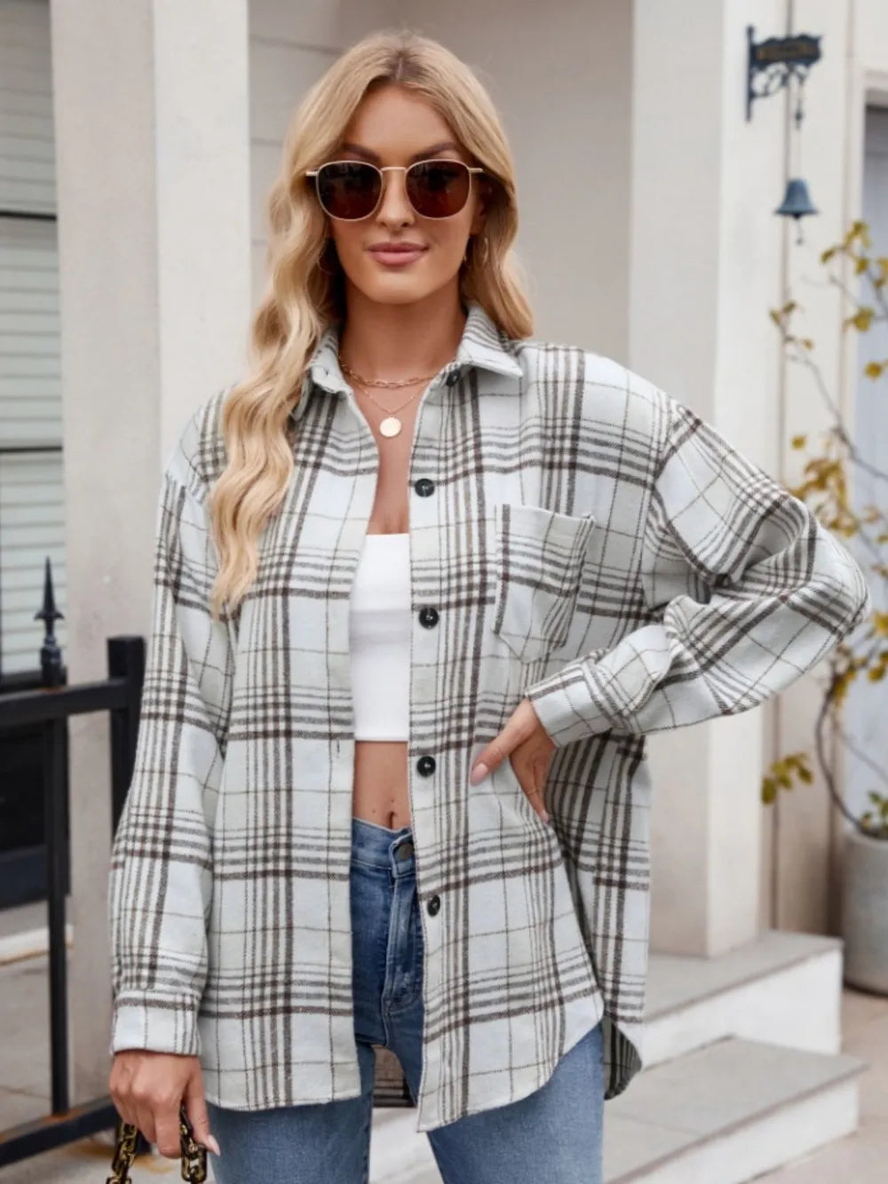 Pocketed Plaid Collared Neck Long Sleeve Shirt (16)
