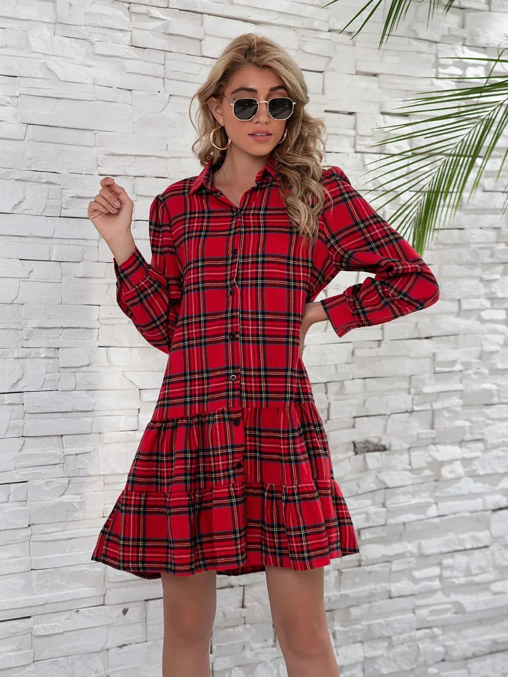 Ruffle Hem Plaid Button Down Long Sleeve Dress (2)