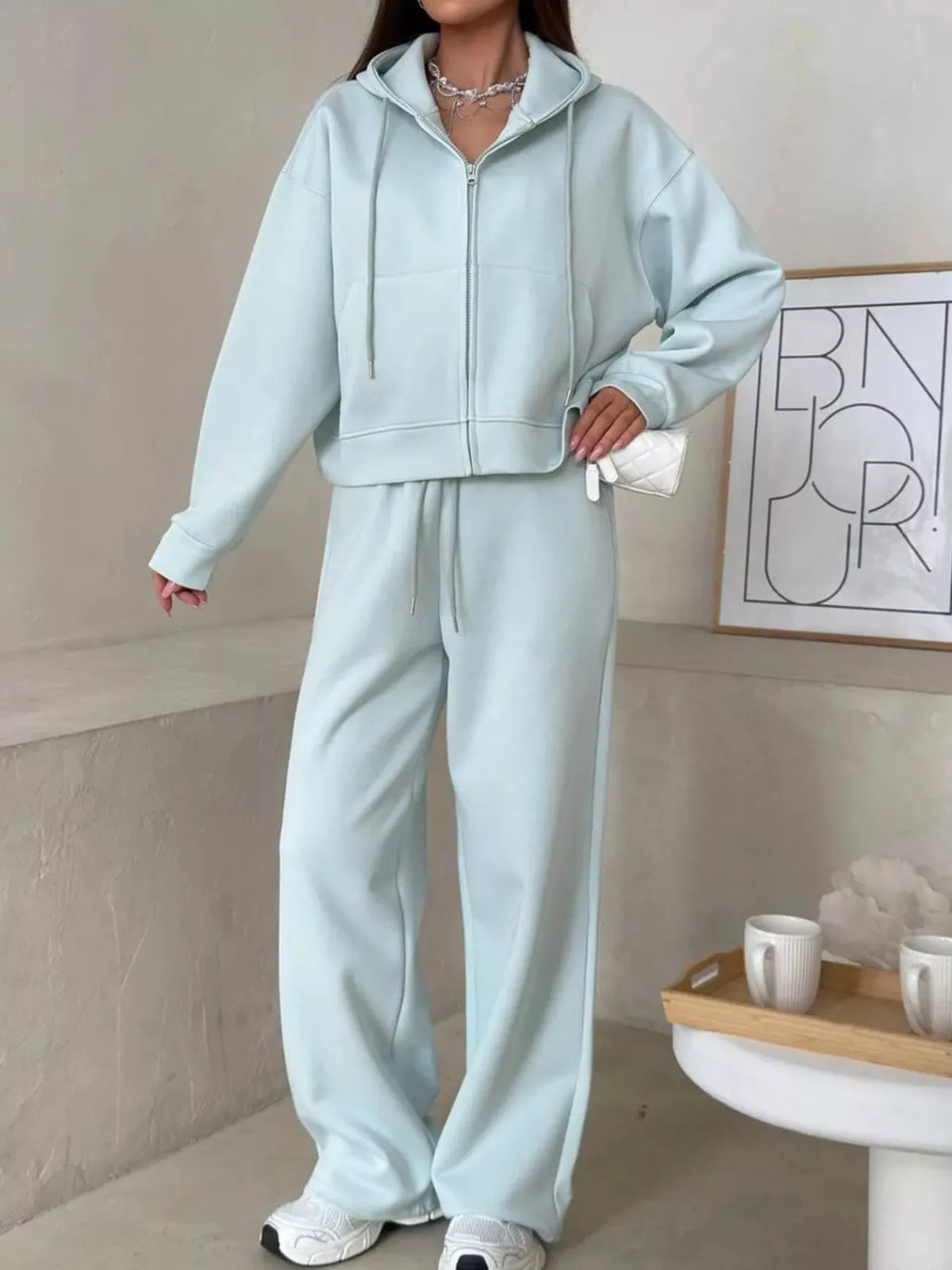 Zip-up Hoodie Wide-leg Pants Set (21)