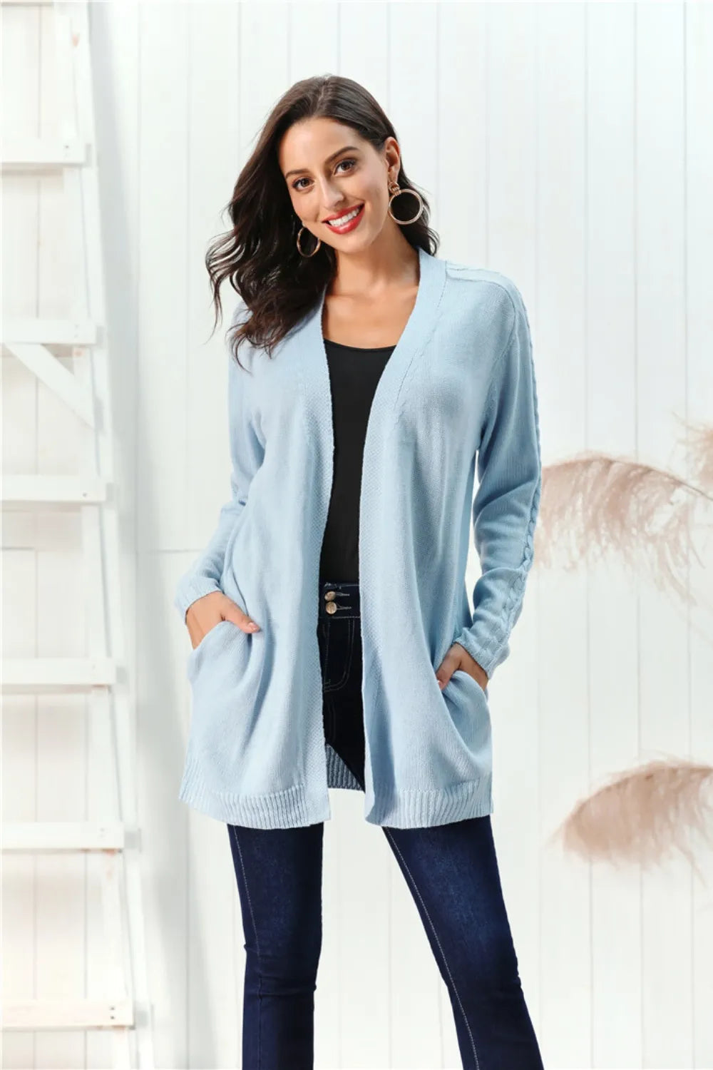 Cable-knit Open Front Long Sleeve Cardigan (19)