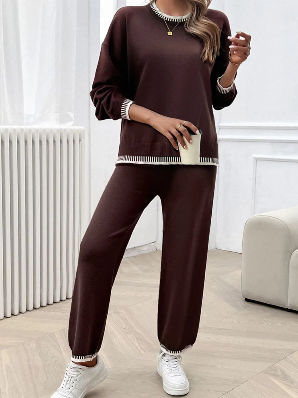 Round Neck Dropped Shoulder Top Pants Sweater Set (19)