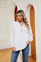 Buttoned Notched Neck Long Sleeve Top (6)