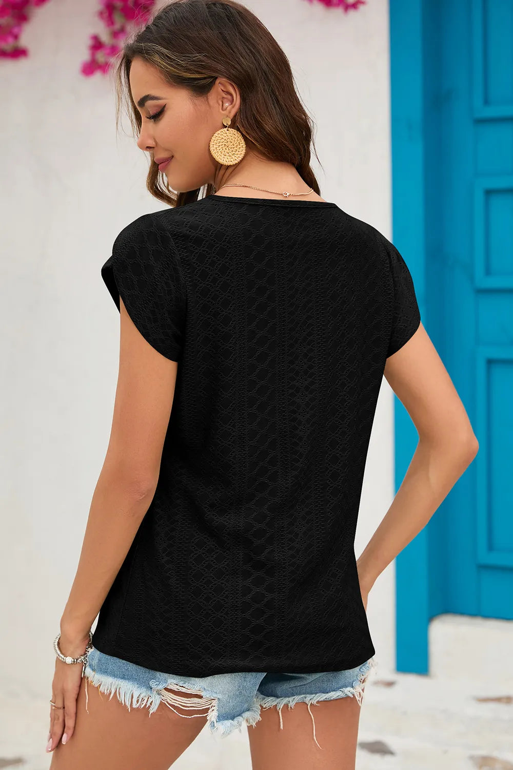 Eyelet Round Neck Short Sleeve T-shirt (12)