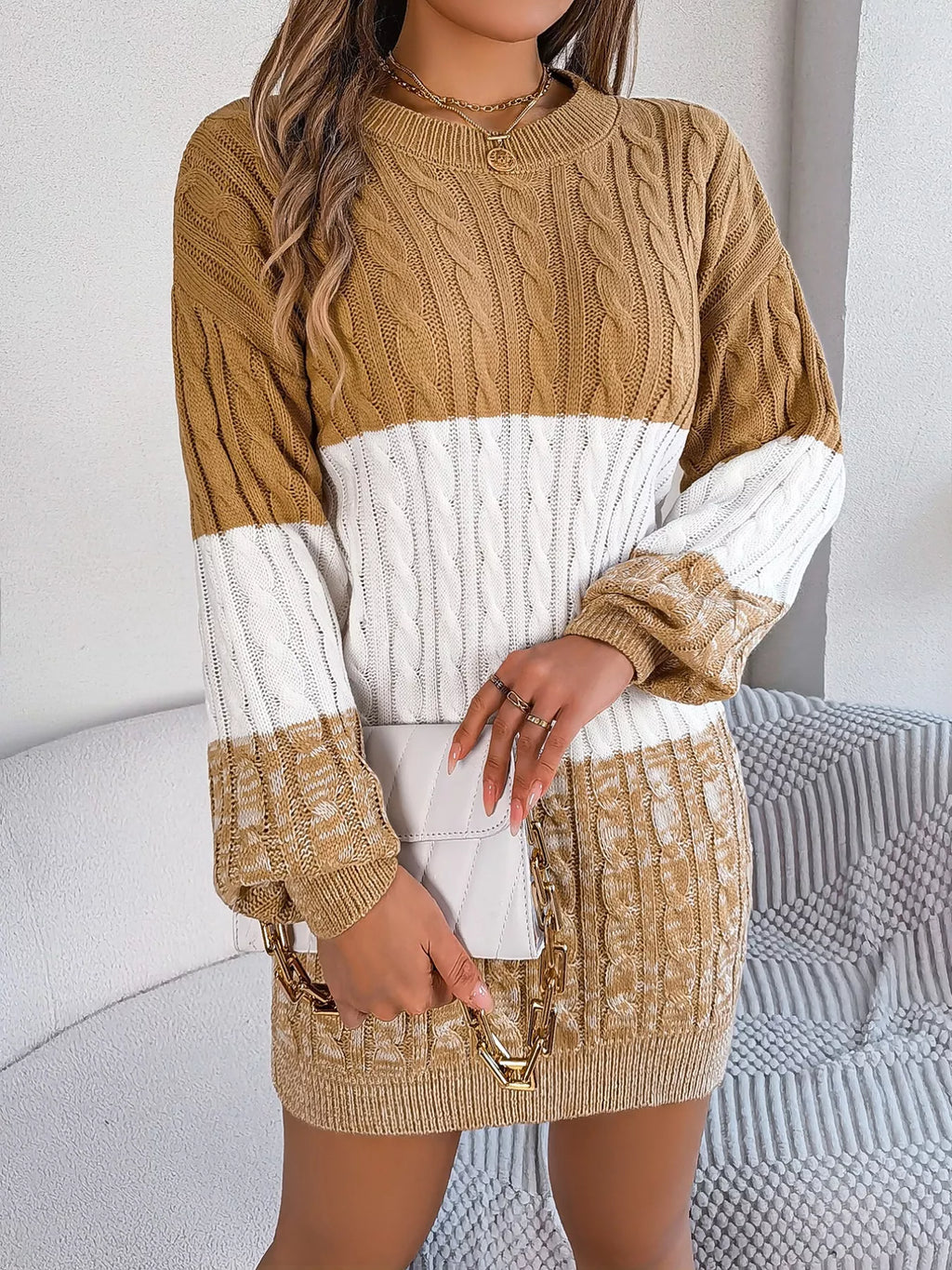 Block Cable Knit Sweater Dress Textured Pattern (11)