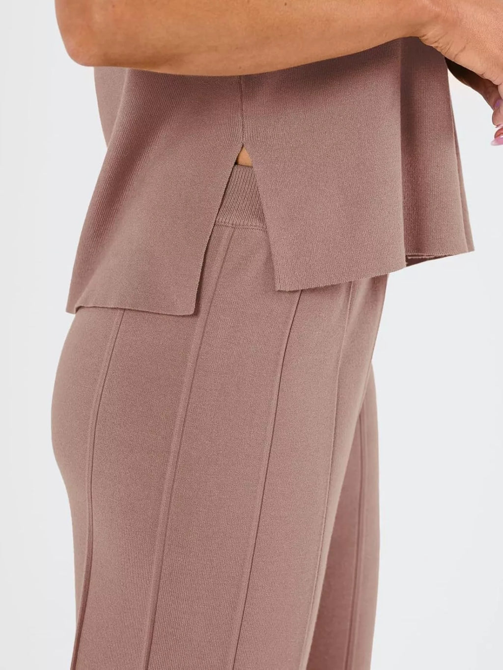 Casual Solid Color Cap Sleeve Top Pants Knit Set (7)