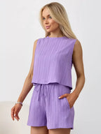 Textured Round Neck Tank Shorts Set (34)
