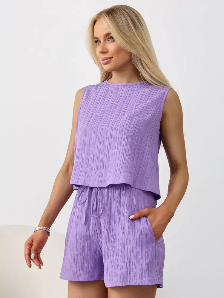Textured Round Neck Tank Shorts Set (34)