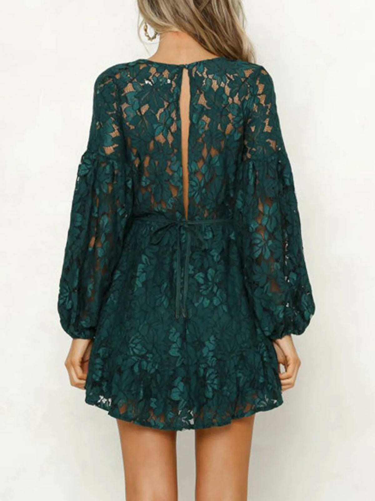 Lace V-neck Long Sleeve Mini Dress (4)