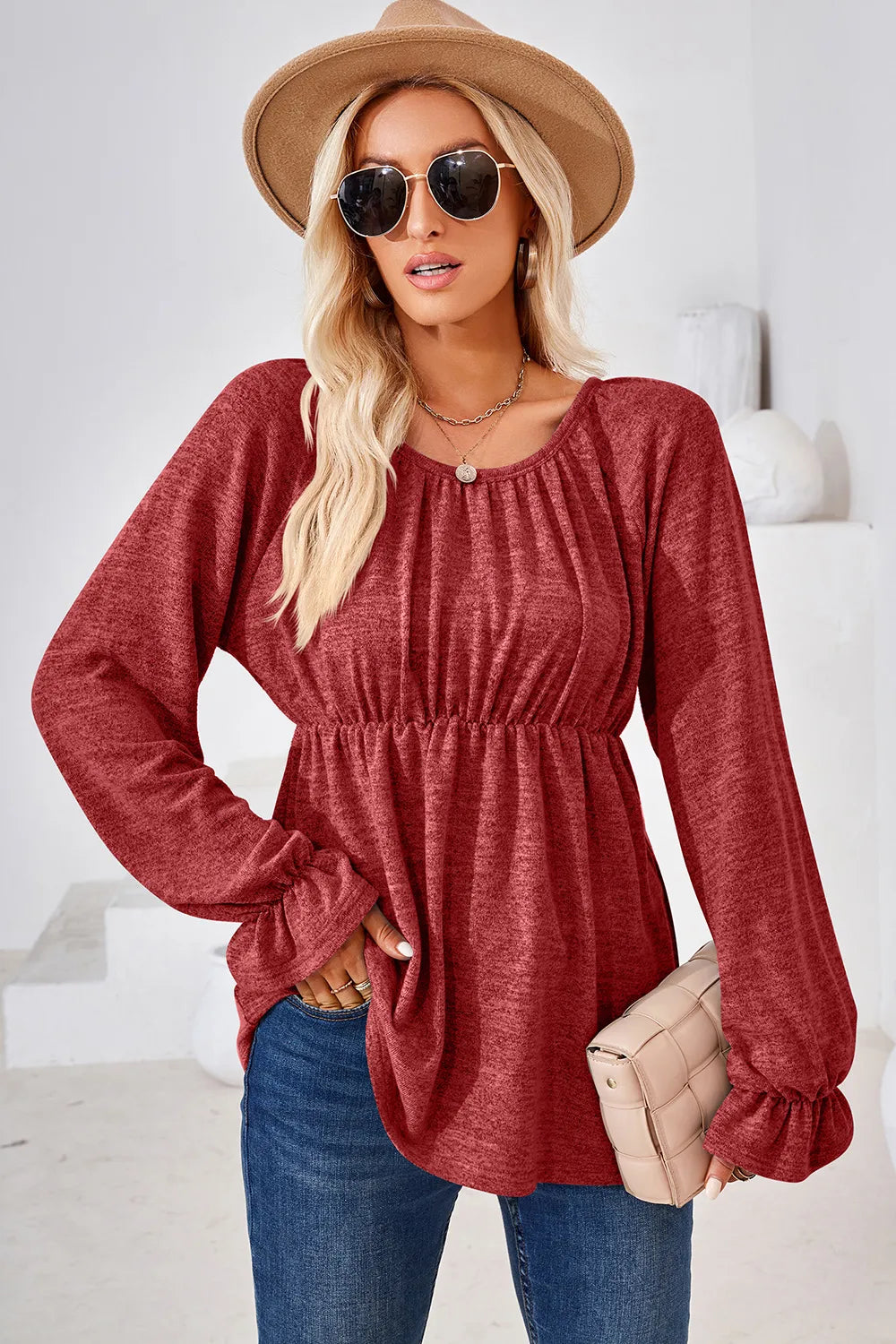 Ruched Round Neck Flounce Sleeve Blouse (7)