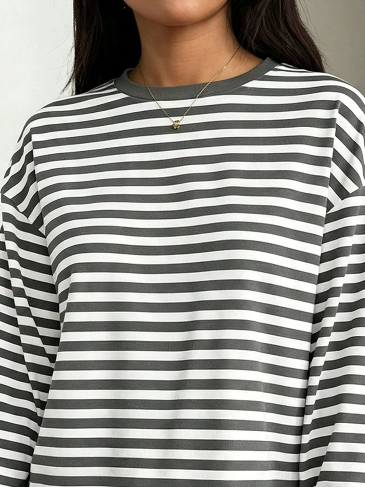 Full Size Casual Long-sleeve Striped Crew Neck T-shirt Plus (6)
