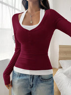 Scoop Neck Long Sleeve Fake Two-piece T-shirt (25)